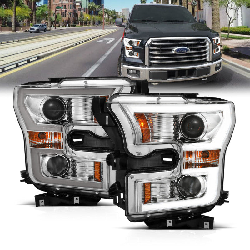 ANZO 111358 2015-2017 Ford F-150 Projector Headlights w/ Plank Style Switchback Chrome w/ Amber