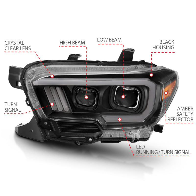 ANZO 111396 2016-2017 Toyota Tacoma Projector Headlights w/ Plank Style Switchback Black w/ Amber