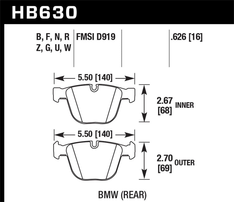 Hawk Performance HB630W.626 Hawk 04-10 BMW 535i/545i/550i / 04-10 645Ci/650i /02-09 745i/745Li/750 DTC-30 Race Rear Brake Pads