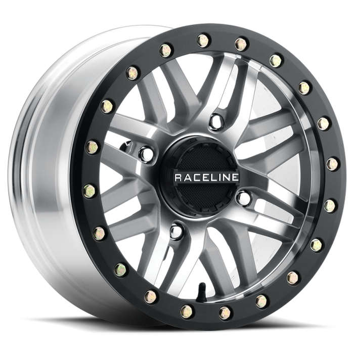 Raceline A91MA-47056+10 A91MA Ryno 14x7in/4x156 BP/10mm Offset/132.5mm Bore - Machined & Black Ring Beadlock Wheel