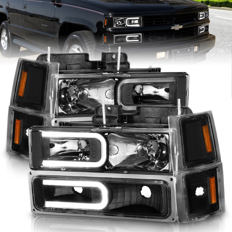 ANZO 111528 88-98 Chevrolet C1500 Crystal Headlights w/ Light Bar Black Housing w/ Signal Side Markers 8Pcs