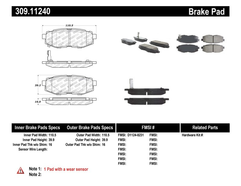 Stoptech 309.11240 StopTech Performance 06-10 Subaru Legacy Sedan/Outback/13 BRZ / 13 Scion FR-S Rear Brake Pads