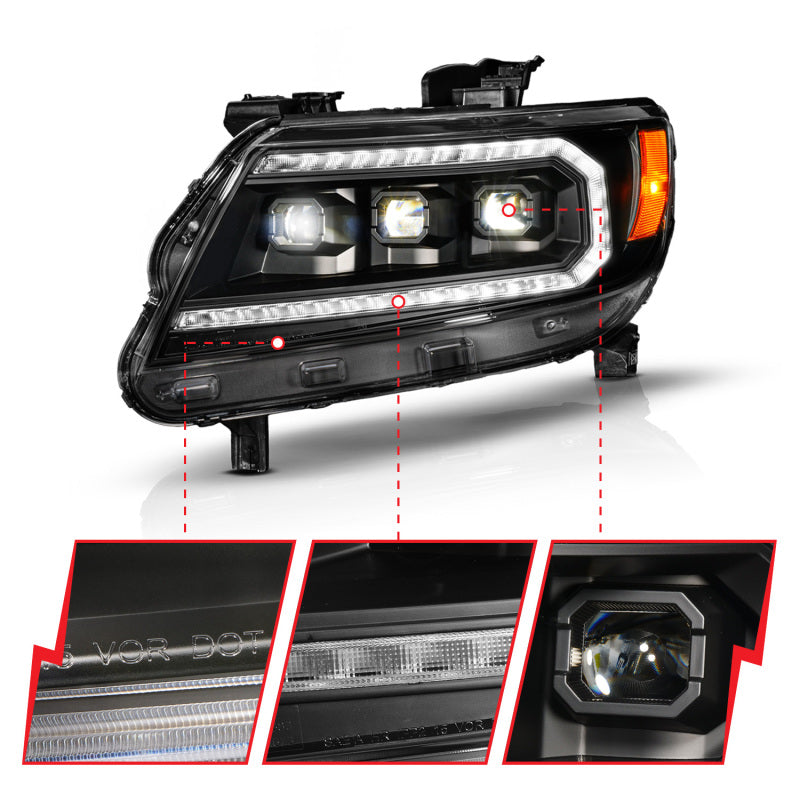 ANZO 111634 15-22 Chevy Colorado Blk Housing Full LED DRL Projector Headlight w/ Sequential Light Bar