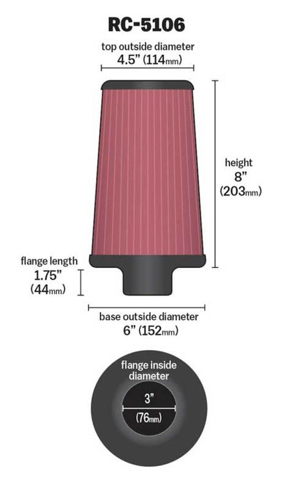 K&N Engineering RC-5106 K&N Universal Chrome Round Tapered Air Filter 3in FlangeID / 6in Base OD / 4.5in Top OD / 8in Height