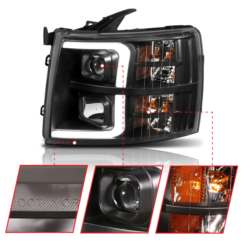 ANZO 111410 07-13 Chevrolet Silverado 1500 Plank Style Projector Headlights Black w/ Amber