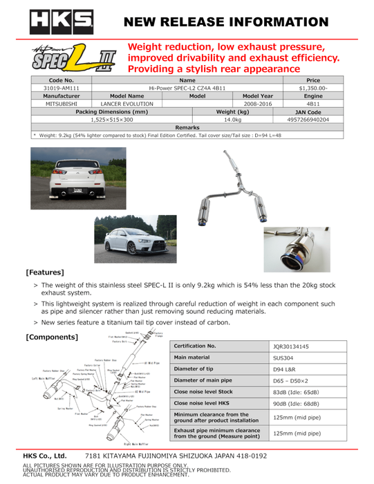 HKS 31019-AM111 Hi-Power SPEC-L2 CZ4A 4B11