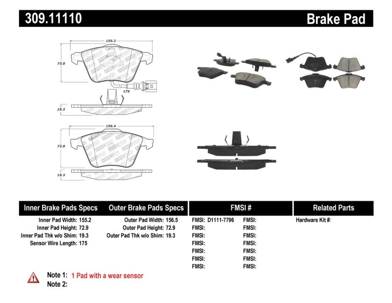 Stoptech 309.11110 StopTech Performance 08-13 Audi TT Quattro / 12 VW Golf R Front Brake Pads