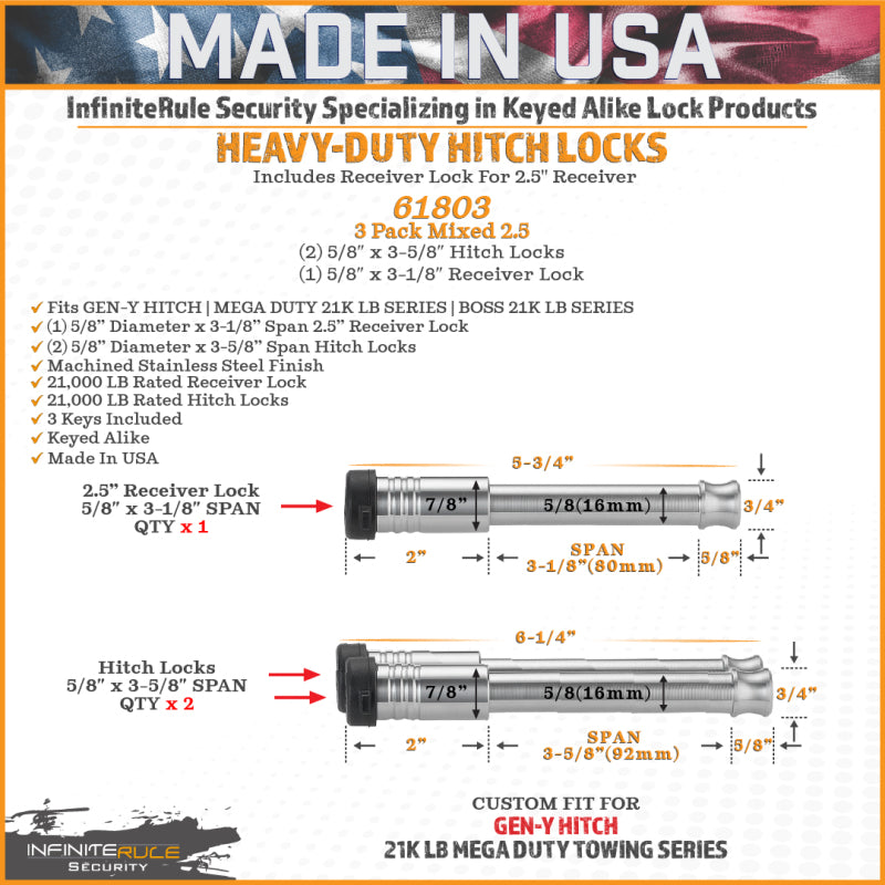 GEN-Y Hitch GH-103915 Gen-Y InfiniteRule (2) 5/8in x 3-5/8in Hitch Locks (1) 5/8in x 3-1/8in 2.5in Receiver Lock w/6 Keys
