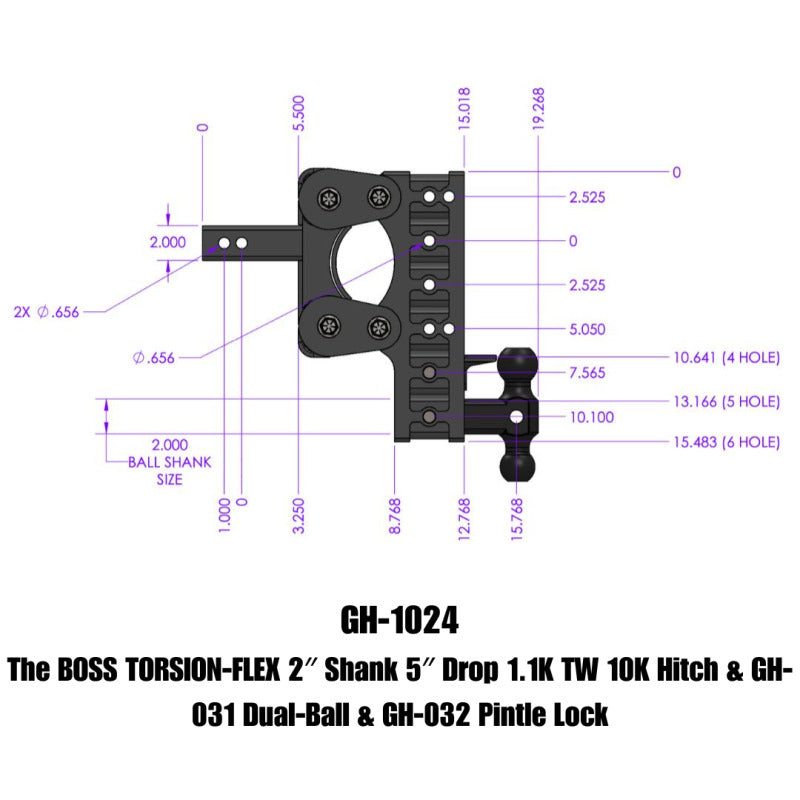 GEN-Y Hitch GH-1024 Gen-Y The Boss Torsion-Flex 2in Shank 5in Drop 10K Hitch w/GH-031 Dual-Ball/GH-032 Pintle Lock