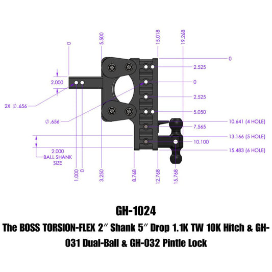 GEN-Y Hitch GH-1024 Gen-Y The Boss Torsion-Flex 2in Shank 5in Drop 10K Hitch w/GH-031 Dual-Ball/GH-032 Pintle Lock