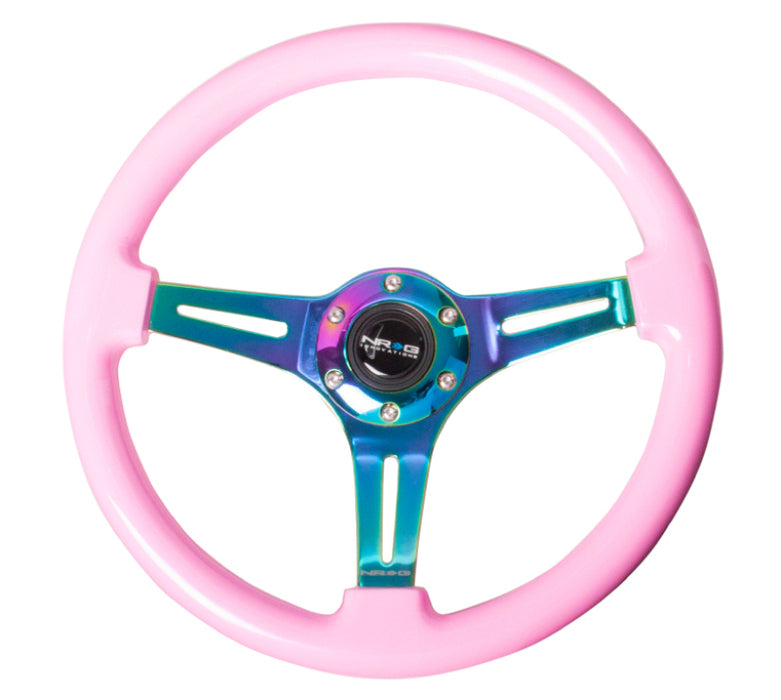 NRG ST-015MC-PK Classic Wood Grain Steering Wheel (350mm) Solid Pink Painted Grip w/Neochrome 3-Spoke Center