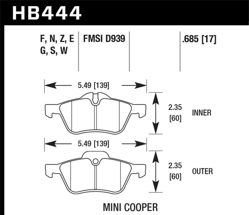 Hawk Performance HB444Z.685 Hawk 02-06 Mini Cooper / Cooper S Performance Ceramic Street Front Brake Pads