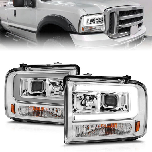ANZO 111552 99-04 Ford F250/F350/F450/Excursion (excl 99) Projector Headlights - w/Light Bar Chrome Housing