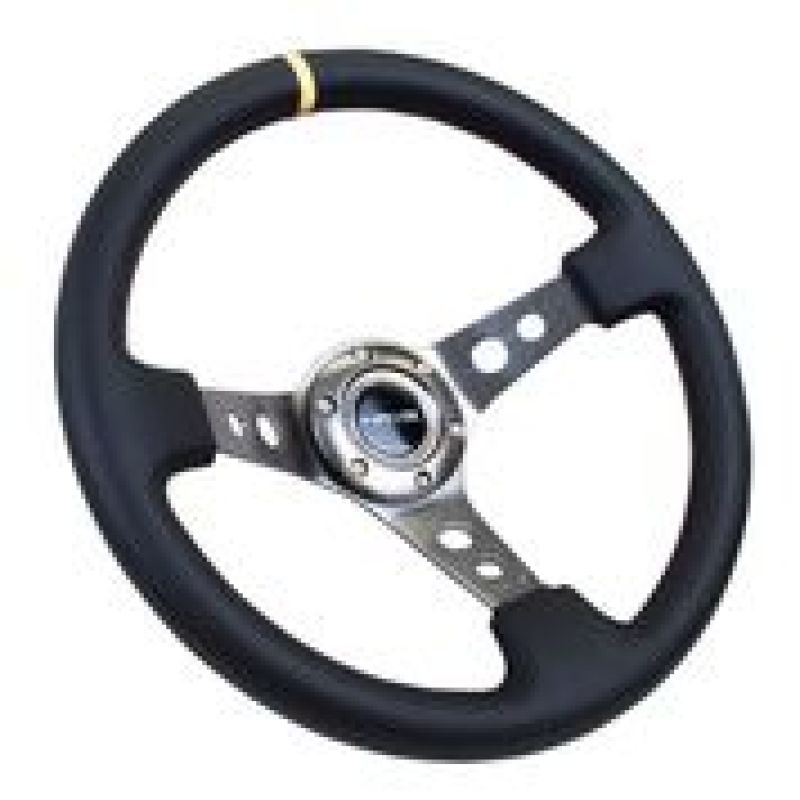 NRG RST-006GM-Y Reinforced Steering Wheel (350mm / 3in. Deep) Blk Leather w/Gunmetal Cutout Spoke & Yellow CM