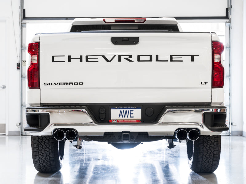 AWE Tuning 3015-42203 4th Gen GM 1500 6.2L 0FG Catback Split Rear Exit (w/ Bumper Cutouts) - Quad Chrome Tips