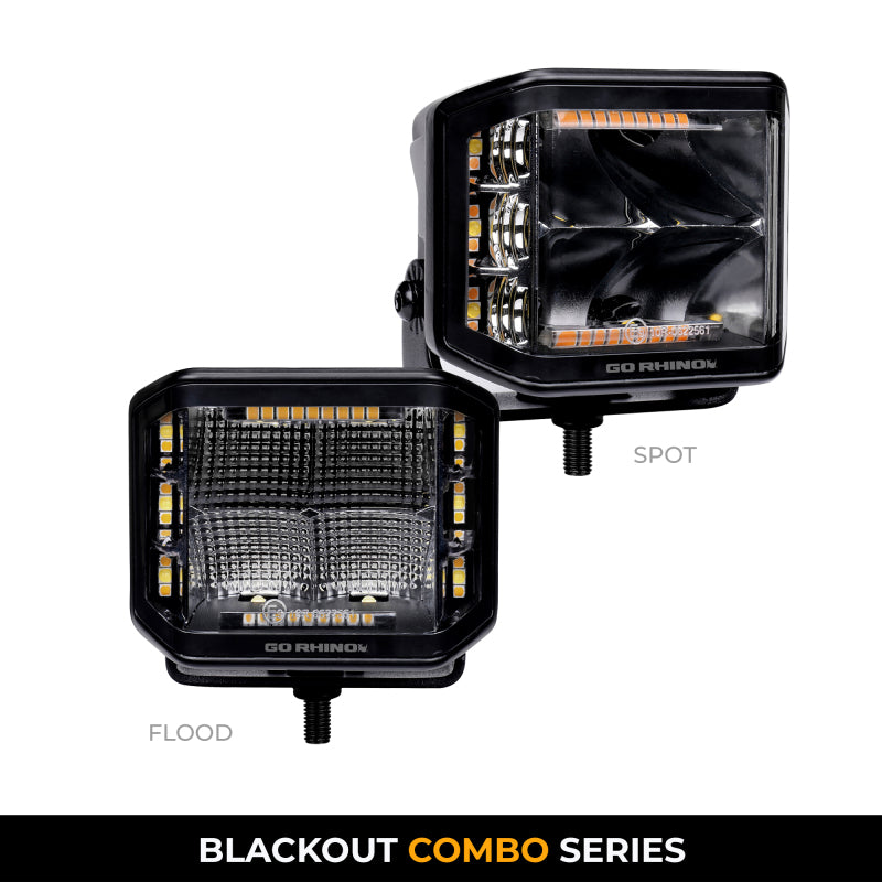 Go Rhino 750700322SCS Xplor Blackout Combo Series Cube Sideline LED Spot Lights w/ Amber 4x3 - Blk (Pair)
