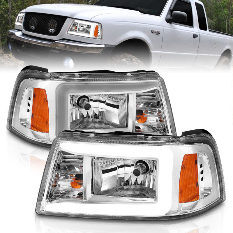 ANZO 111512 2001-2011 Ford Ranger Crystal Headlights w/ Light Bar Chrome Housing