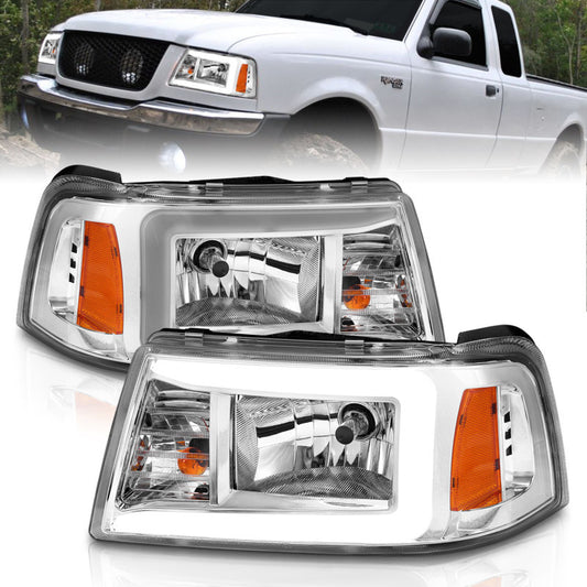 ANZO 111512 2001-2011 Ford Ranger Crystal Headlights w/ Light Bar Chrome Housing