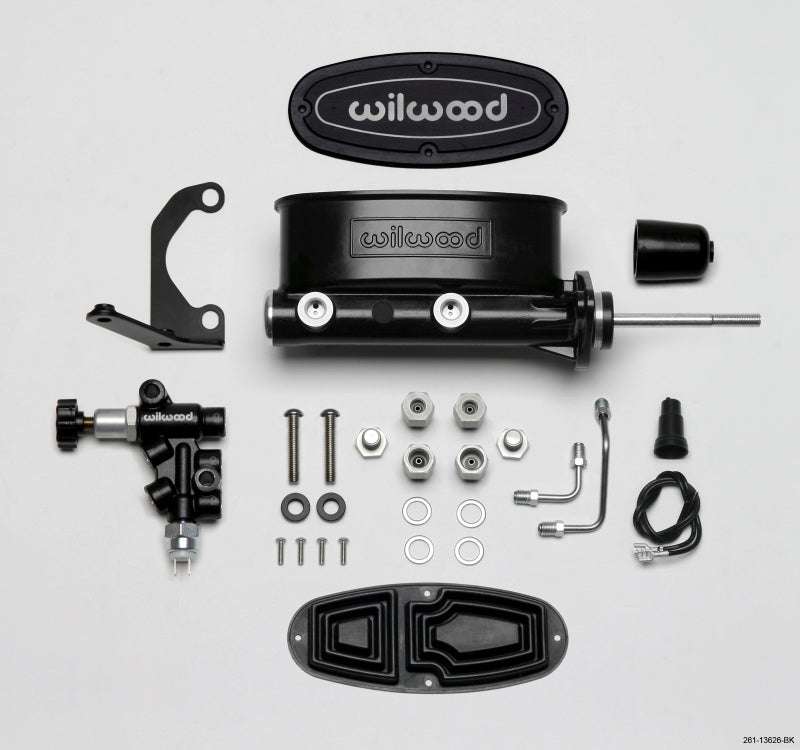 Wilwood 261-13626-BK HV Tandem M/C Kit w L/H Bracket & Prop Valve - 15/16in Bore Black-W/Pushrod