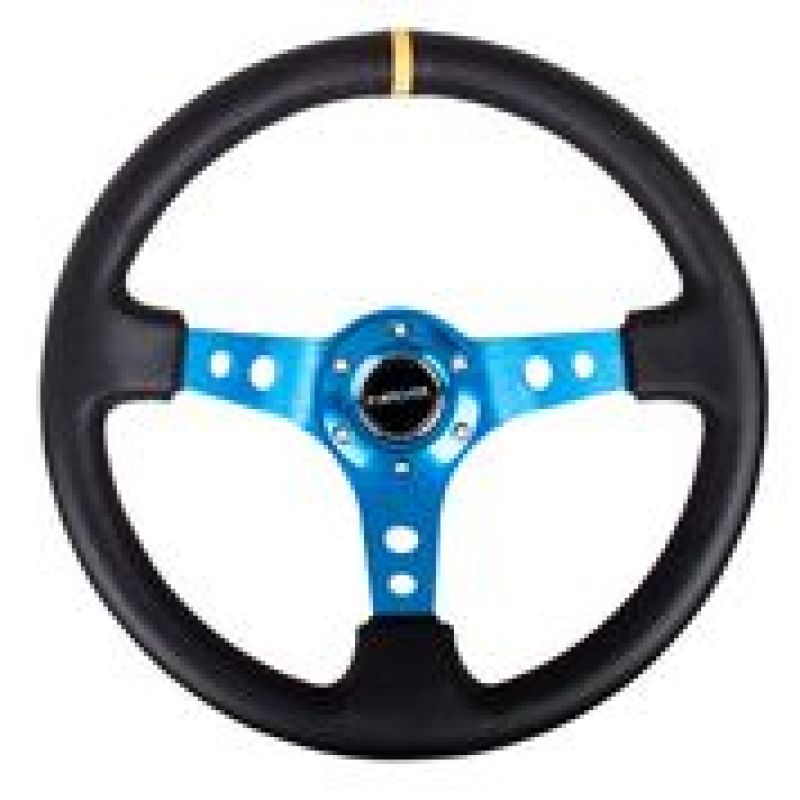 NRG RST-006BL-Y Reinforced Steering Wheel (350mm / 3in. Deep) Blk Leather w/Blue Cutout Spoke & Single Yellow CM