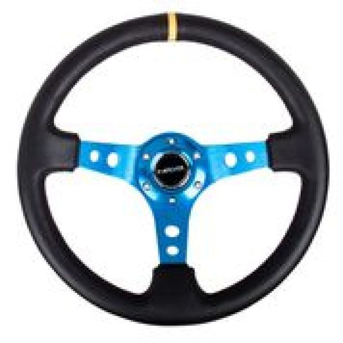 NRG RST-006BL-Y Reinforced Steering Wheel (350mm / 3in. Deep) Blk Leather w/Blue Cutout Spoke & Single Yellow CM