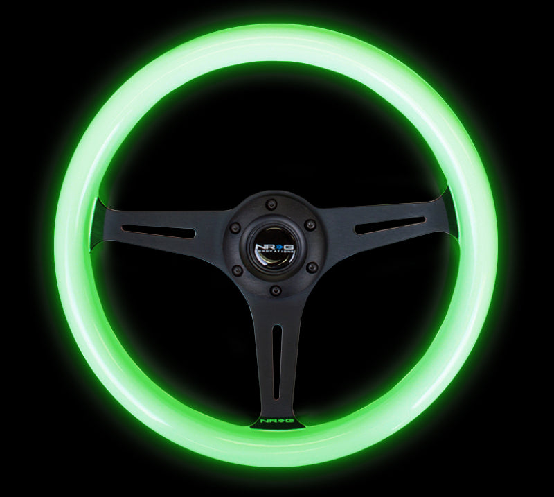 NRG ST-015BK-GL Classic Wood Grain Steering Wheel (350mm) Glow-N-The-Dark Green Grip w/Black 3-Spoke Center