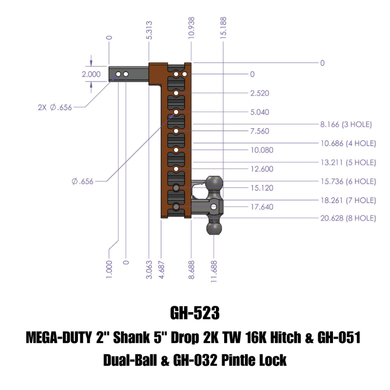 GEN-Y Hitch GH-523 Gen-Y Mega Duty 2in Shank 5in Drop 2K TW 16K Hitch w/GH-051 Dual-Ball/GH-032 Pintle Lock