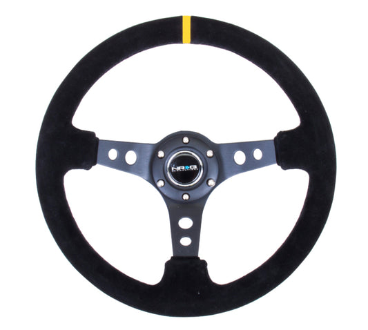NRG RST-006S-Y Reinforced Steering Wheel (350mm / 3in. Deep) Blk Suede w/Circle Cut Spokes & Single Yellow CM