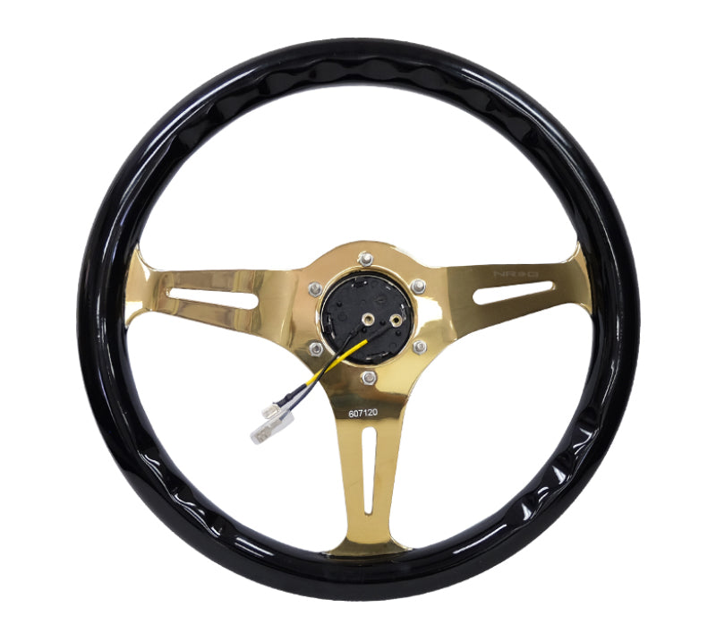NRG ST-015CG-BK Classic Wood Grain Steering Wheel (350mm) Black Grip w/Chrome Gold 3-Spoke Center