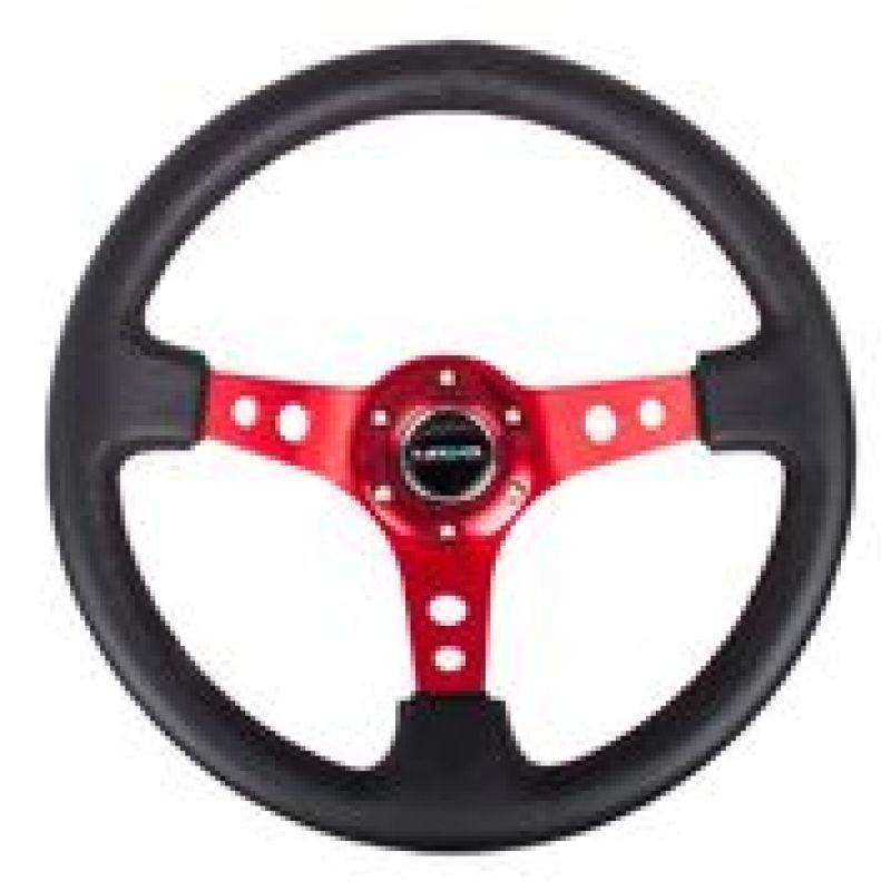 NRG RST-006RD Reinforced Steering Wheel (350mm / 3in. Deep) Blk Leather w/Red Circle Cutout Spokes