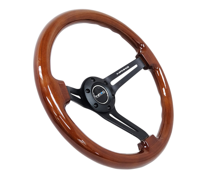 NRG RST-018BR-BK Reinforced Steering Wheel (350mm / 3in. Deep) Brown Wood w/Blk Matte Spoke/Black Center Mark