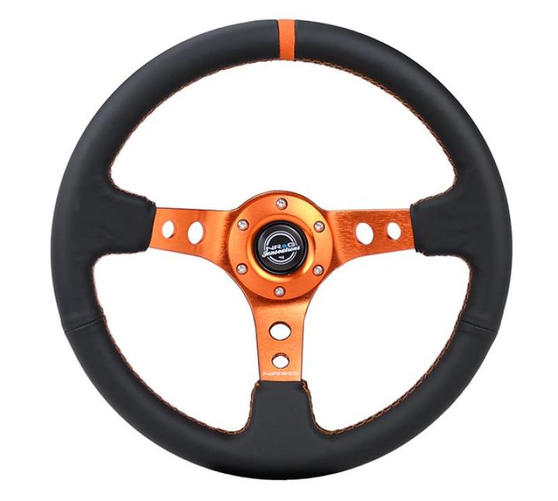 NRG RST-006OR Reinforce Steering Wheel (350mm / 3in. Deep) Blk Leather, Orange Center Mark w/ Orange Stitching