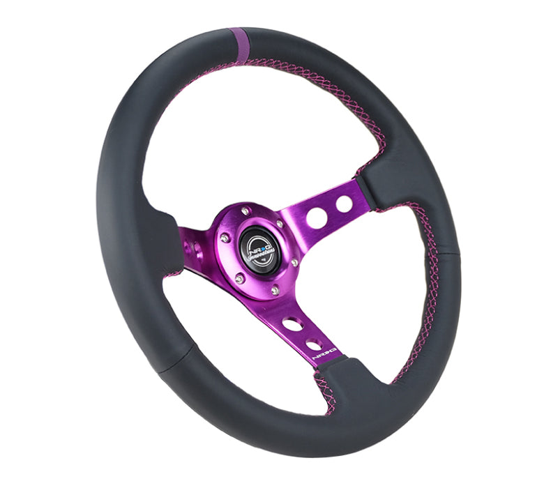 NRG RST-006PP Reinforced Steering Wheel (350mm / 3in. Deep) Black Leather w/Purple Center & Purple Stitching