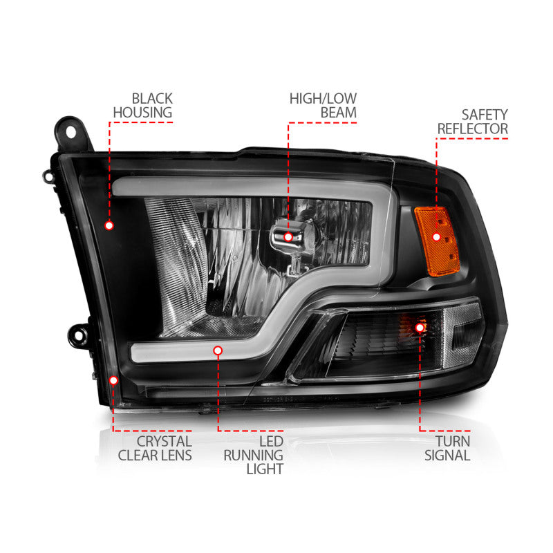 ANZO 111515 2009-2018 Dodge RAM 1500 Crystal Headlights w/ Light Bar Black Housing