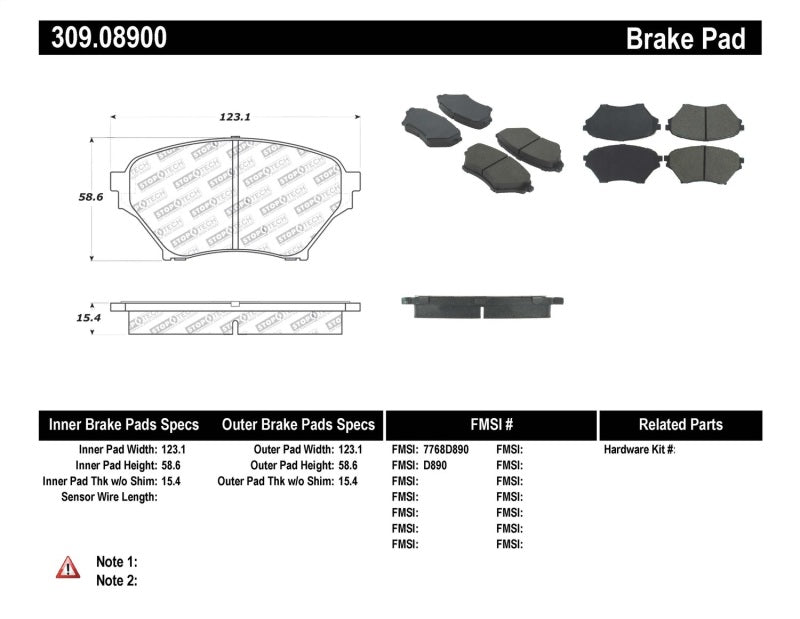 Stoptech 309.08900 StopTech Performance 01-05 Miata w/ Sport Suspension Front Brake Pads D890