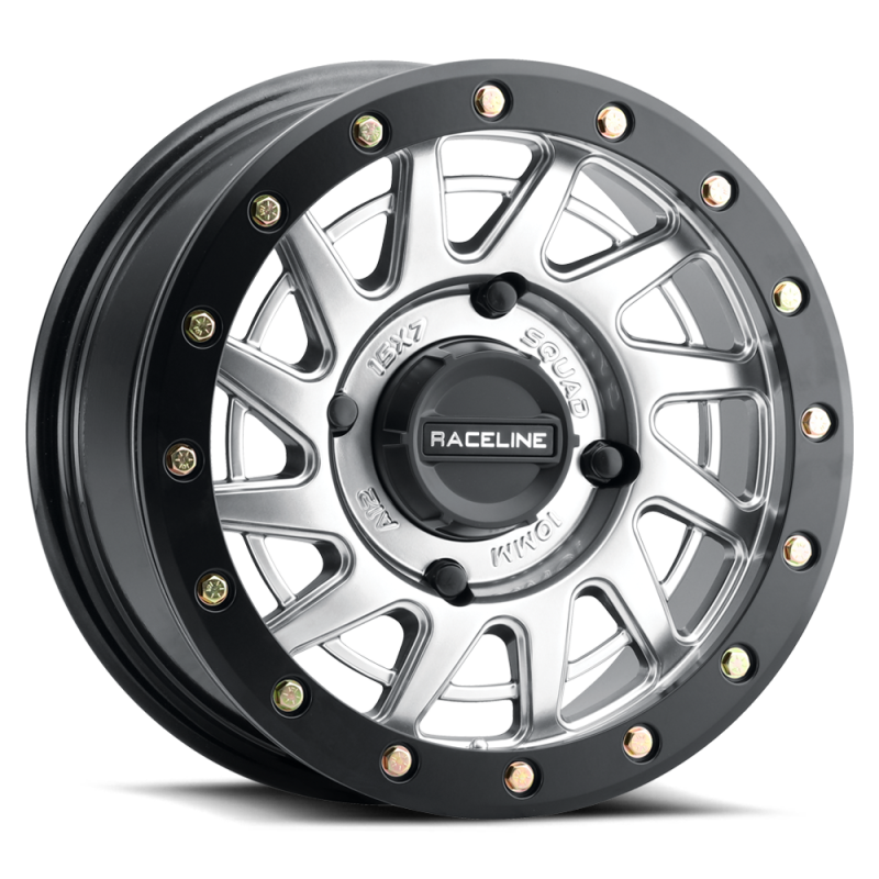 Raceline A12SB-57037+38 A12SB Squad 15x7in/4x137 BP/38mm Offset/110.18mm Bore - Silver & Black Ring Beadlock Wheel