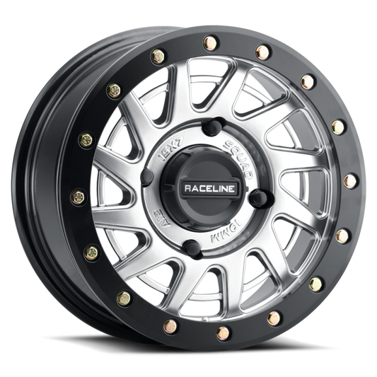 Raceline A12SB-57037+38 A12SB Squad 15x7in/4x137 BP/38mm Offset/110.18mm Bore - Silver & Black Ring Beadlock Wheel