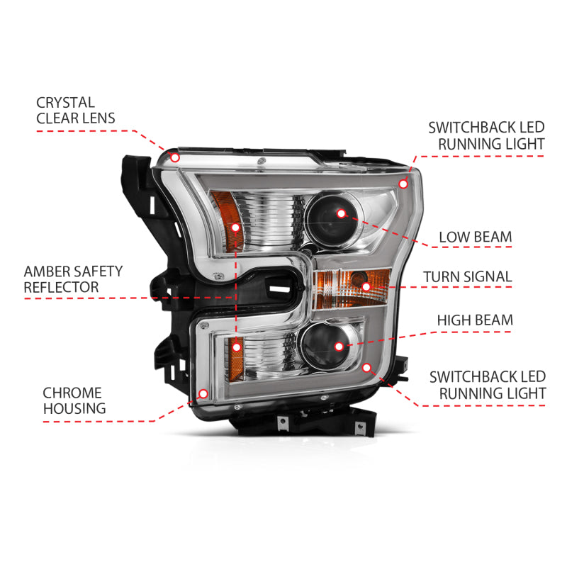 ANZO 111358 2015-2017 Ford F-150 Projector Headlights w/ Plank Style Switchback Chrome w/ Amber