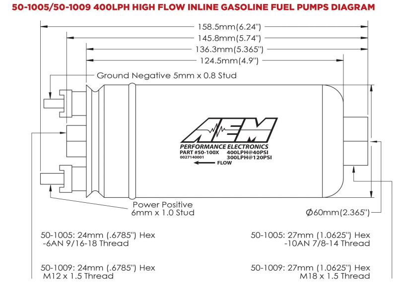 AEM 50-1009 400LPH High Pressure Inline Fuel Pump - M18x1.5 Female Inlet to M12x1.5 Male Outlet