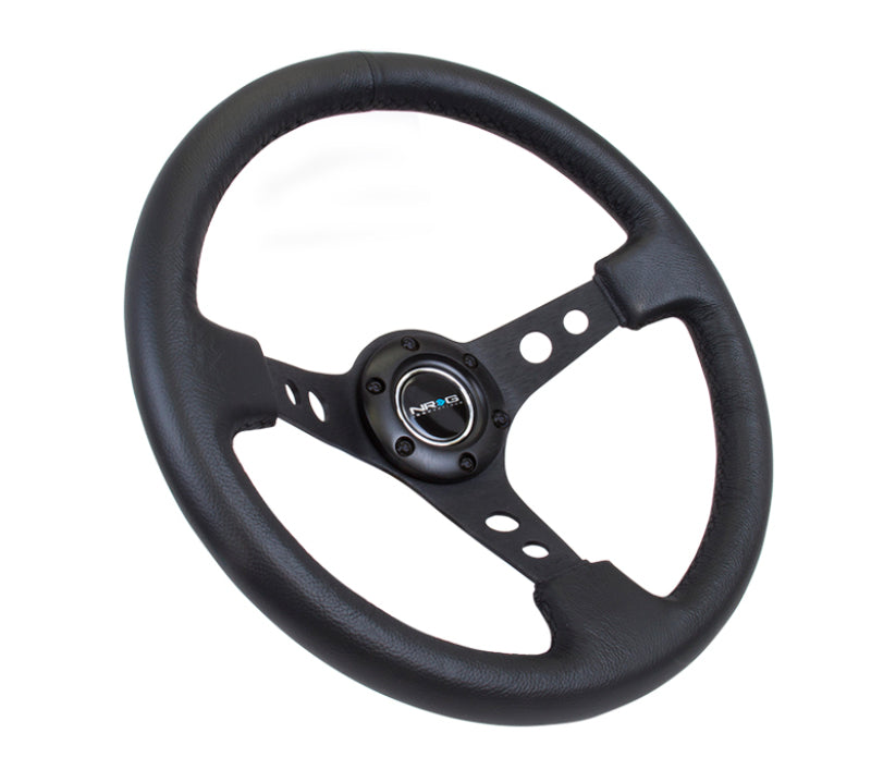NRG RST-006BK Reinforced Steering Wheel (350mm / 3in. Deep) Blk Leather w/Blk Spoke & Circle Cutouts