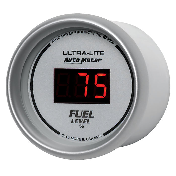 AutoMeter 6510 Autometer Ultra-Lite Digital 2-1/16in 0-280 OHM Silver Dial w/ Red LED Programmable Fuel Level Gage