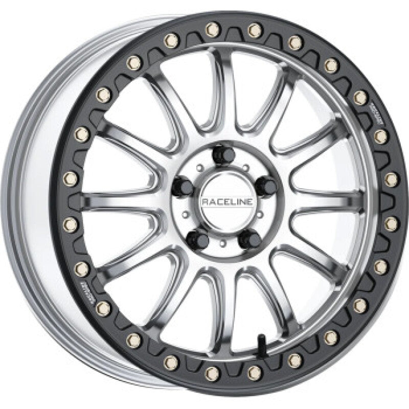 Raceline A14SB-57056+10 A14SB Alpha 15x7in/4x156 BP/10mm Offset/132.5mm Bore - Silver & Blk Ring Beadlock Wheel