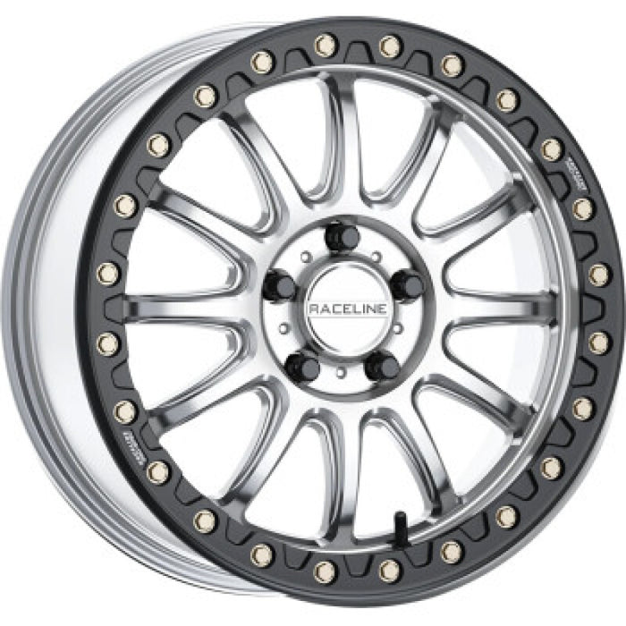 Raceline A14SB-57056+10 A14SB Alpha 15x7in/4x156 BP/10mm Offset/132.5mm Bore - Silver & Blk Ring Beadlock Wheel