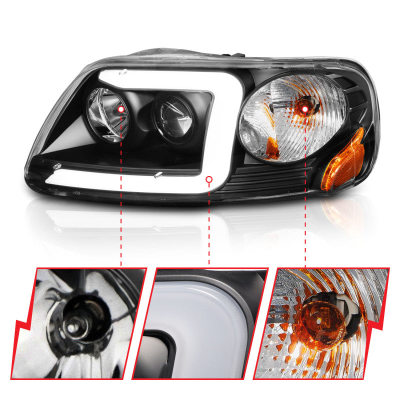 ANZO 111503 1997-2003 Ford F-150 Projector Headlights w/ Light Bar Black Housing