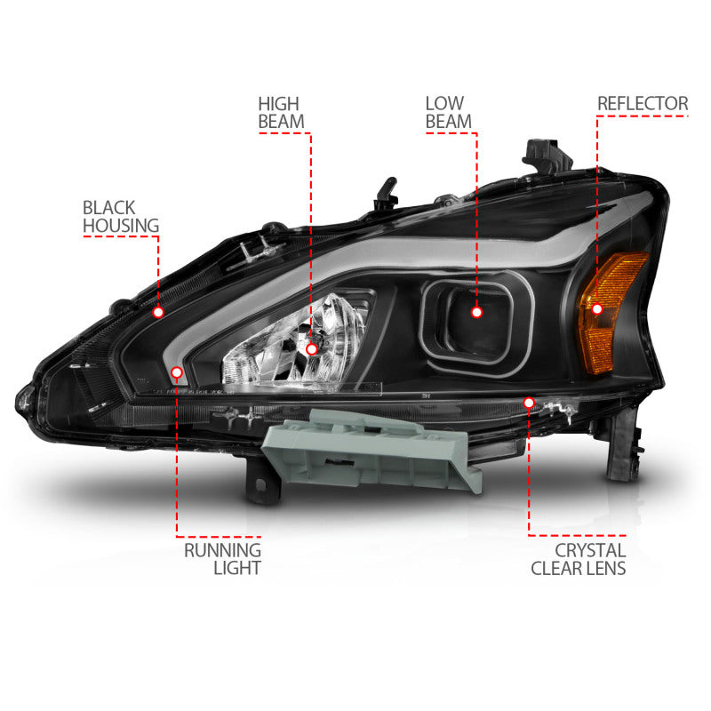 ANZO 121569 13-15 Nissan Altima (w/o Factory HID Bulbs) Projector Headlights - w/ Light Bar Black Housing