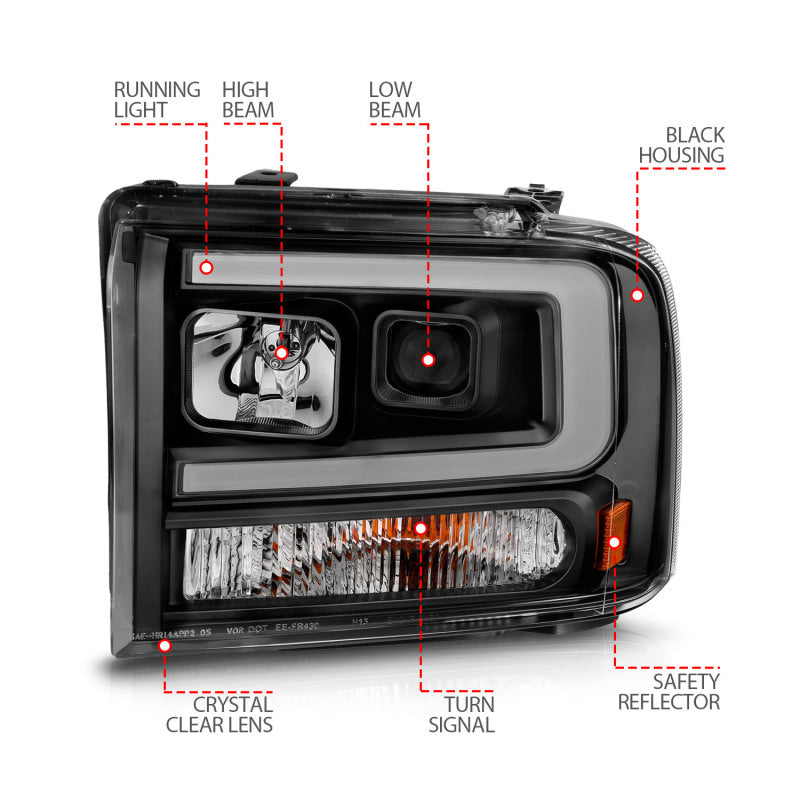 ANZO 111551 99-04 Ford F250/F350/F450/Excursion (excl 99) Projector Headlights - w/ Light Bar Black Housing