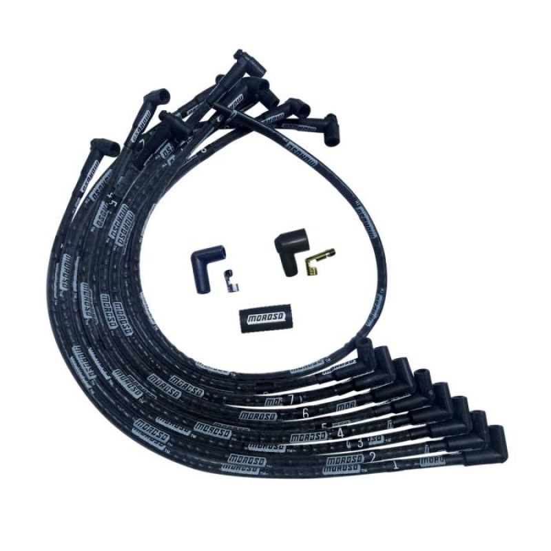 Moroso 51525 SBC Over Valve Cover 90 Deg Plug End HEI Sleeved Ultra Spark Plug Wire Set - Black