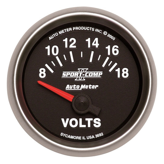 AutoMeter 3692 Autometer Sport-Comp II 52mm 8-18 Volt Short Sweep Electronic Voltmeter