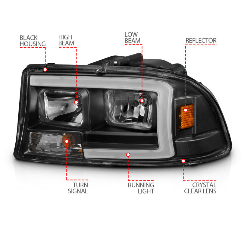 ANZO 111591 97-04 Dodge Dakota/Durango Crystal headlight Set w/ Light Bar Black Housing
