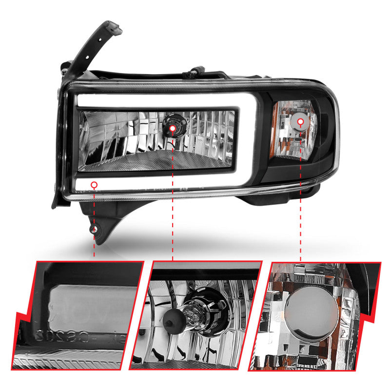 ANZO 111554 94-02 Dodge RAM Crystal Headlight - w/ Light Bar Black Housing